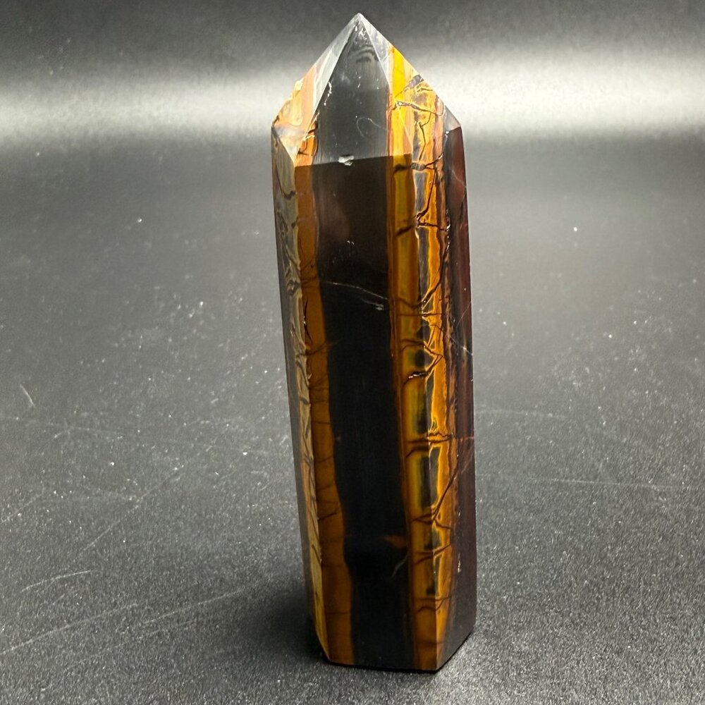 2/$30 Natural Tiger Eye Tower w/ Hematite Stone Obelisk Healing Crystal 4" 182g